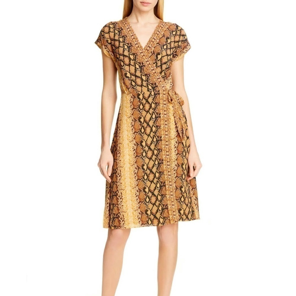 Joie Bethwyn Snakeskin Print Wrap Mini Dress in Fading Sun Brown, Size‎ Small